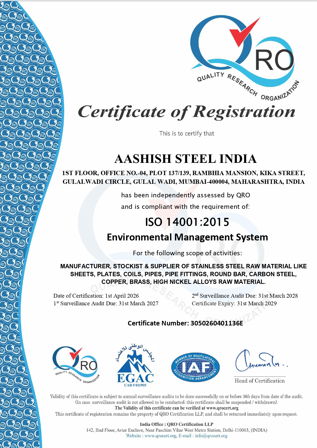 ISO 14001:2015 Certificate